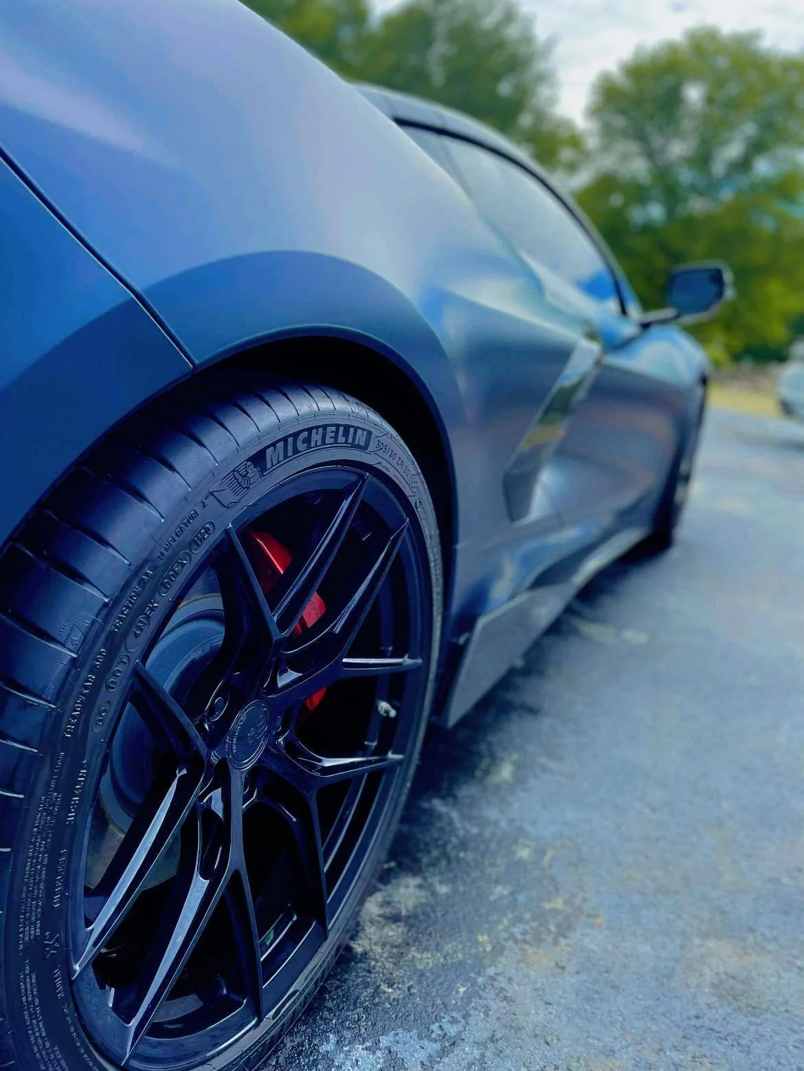 Corvette rear wheel and tire, clean and dressed after detailing