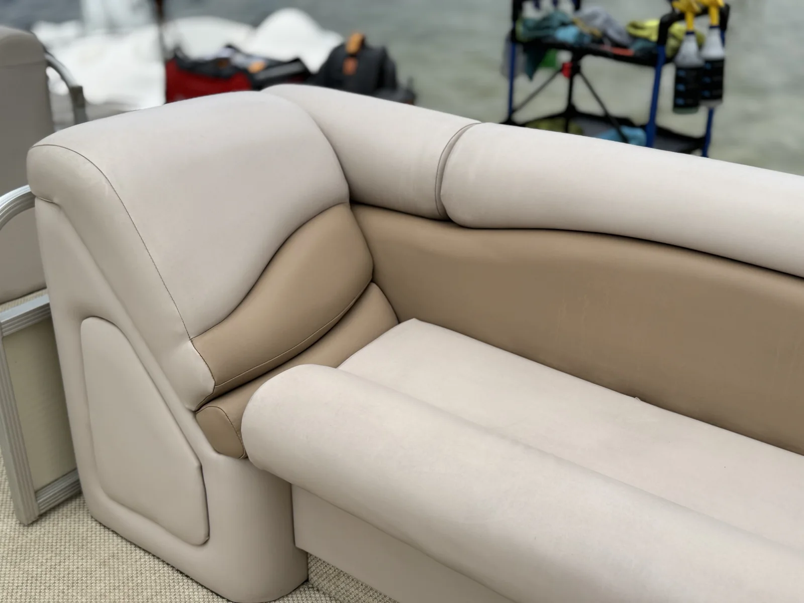 Clean pontoon boat vinyl seating after an on-deck detail