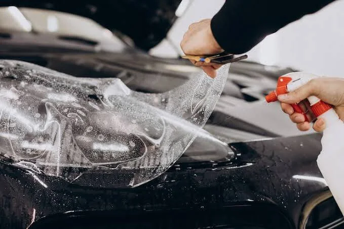 Clear protection film being applied over a car headlight