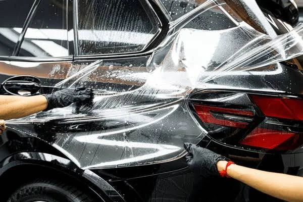Paint protection film being wrapped around a black SUV's rear quarter panel